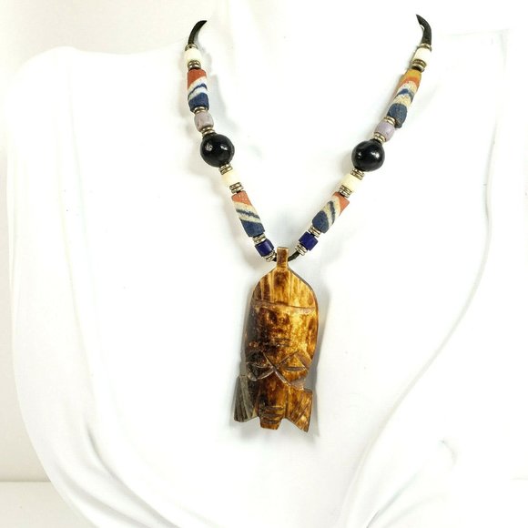 Vintage Ethnic Carved Stone Necklace Leather Cord - Picture 2 of 8